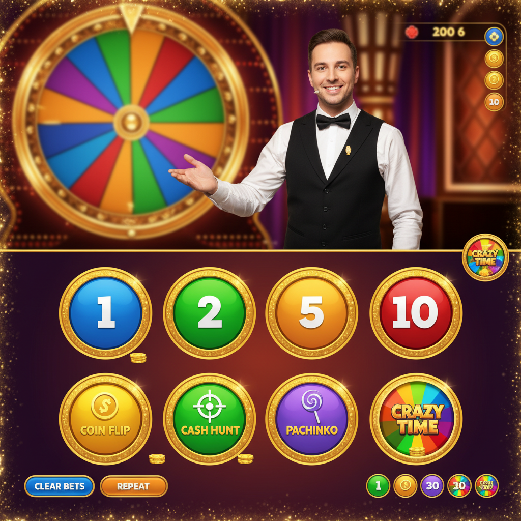 Interfaccia di scommesse di Crazy Time con i pulsanti colorati per i numeri 1, 2, 5, 10 e i bonus game