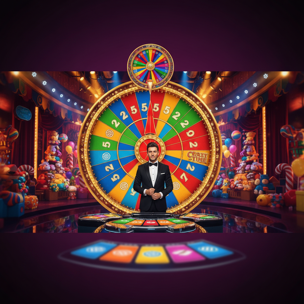 Presentatore dal vivo nello studio di Crazy Time con ruota fisica e illuminazione teatrale