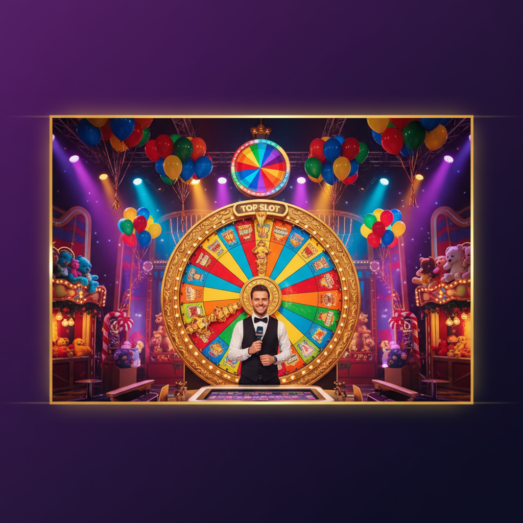 Studio televisivo di Crazy Time con decorazioni carnevalesche, palloncini e illuminazione teatrale colorata