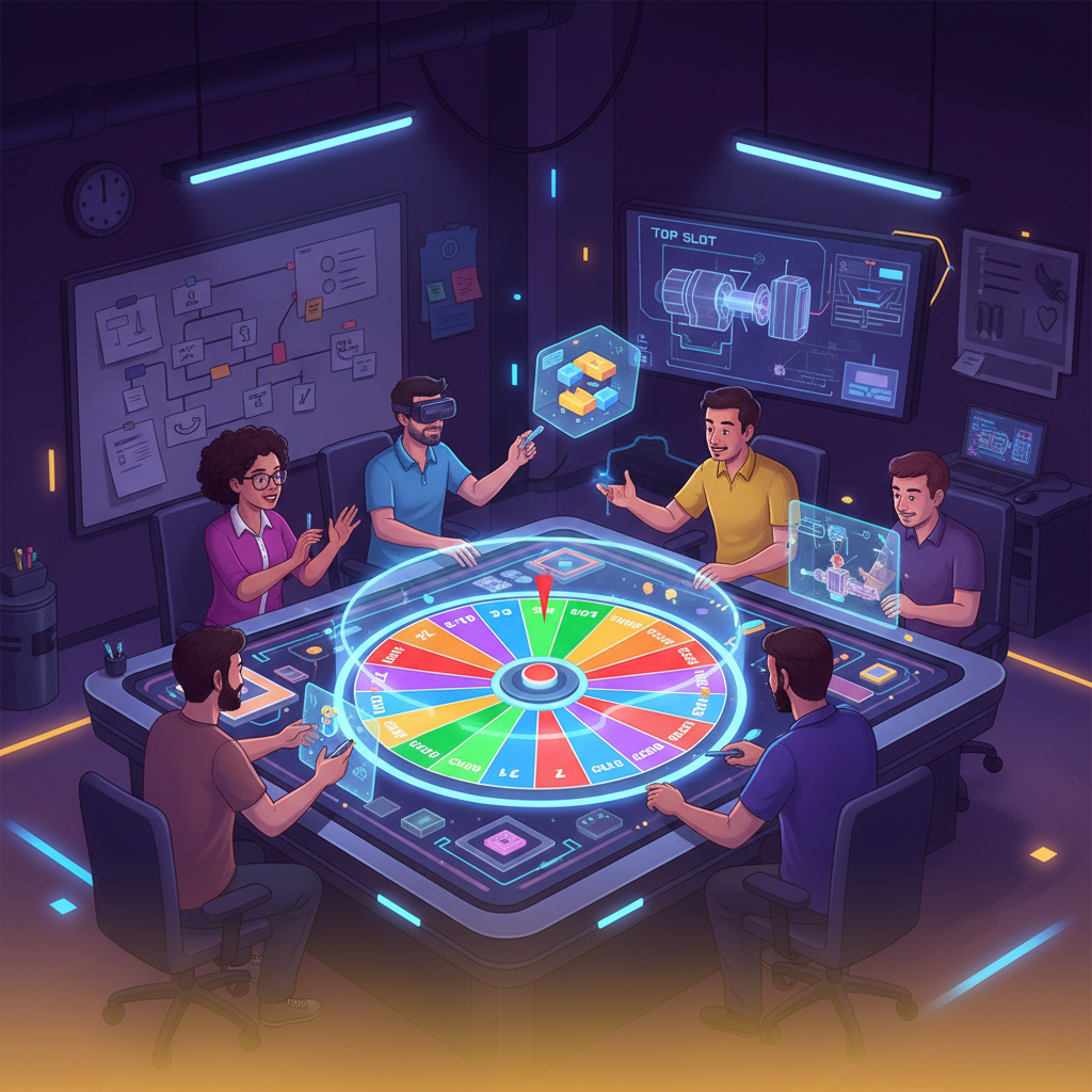 Illustrazione del team di game design al lavoro sulle meccaniche di Crazy Time